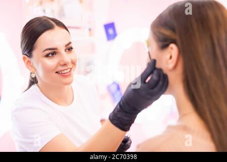 makeup artist applies paint henna on eyebrows in a beauty salon. Stock Photo