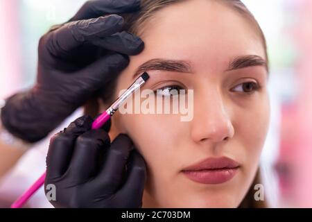 Beautiful young woman gets eyebrow correction procedure. Young woman painting her eyebrows in beauty saloon. Stock Photo