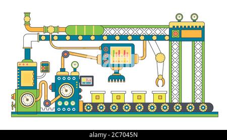 Industrial conveyor belt line vector illustration. Conveyor process abstract machine production Stock Vector
