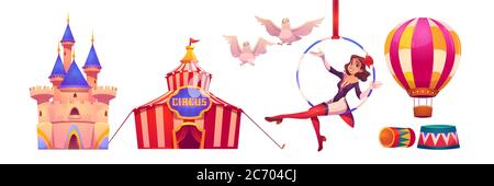 Circus stuff and artist big top tent, aerial gymnast girl sit on hoop, castle building, air balloon and white doves, amusement park decoration isolated on white background, cartoon vector illustration Stock Vector