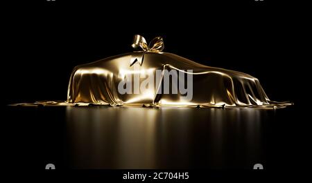Expensive car gift covered by gold shiny fabric with bow-knot isolated on a black studio background. Luxury surprise item. 3D photorealistic illustrat Stock Photo