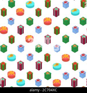 Bright, colorful present and gift boxes seamless pattern with ribbons. Flat isometric vector illustration Stock Vector