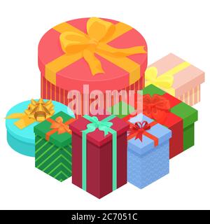 Bright, colorful present and gift boxes with ribbons. Flat isometric vector illustration Stock Vector