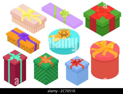 Bright, colorful present and gift boxes set with ribbons. Flat isometric vector illustration Stock Vector
