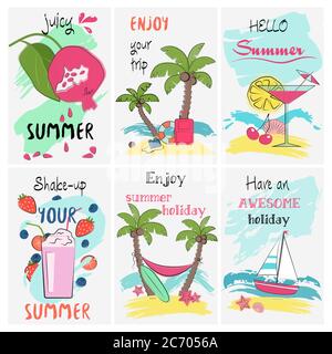 Summer holidays vacation poster set. Greeting and invitation lettering card. Tropical vacation vector illustration Stock Vector