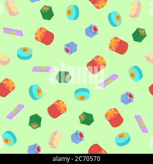 Bright, colorful present and gift boxes seamless pattern with ribbons. Flat isometric vector illustration Stock Vector