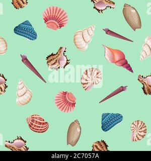 Seashells seamless vector realistic pattern colored isolated Stock Vector