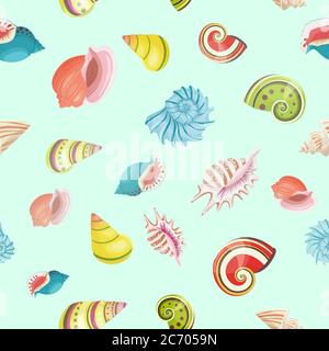 Seashells seamless vector realistic pattern colored isolated Stock Vector