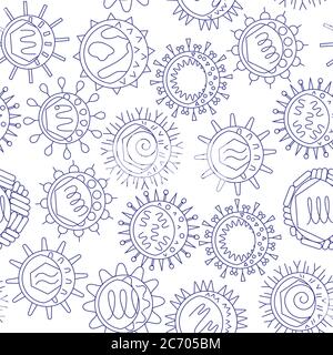 Human viruses seamless pattern in line style on white background. Infection cells symbols. Scientific background. Vector illustration. Stock Vector