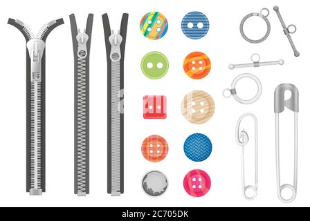 Steel metal zipper and objects for sewing, handicraft collection. Realistic buttons and zippers set Stock Vector