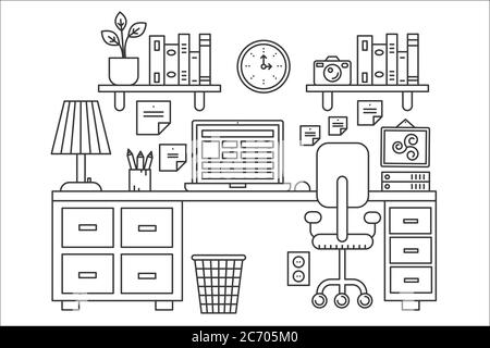 Vector illustration of black line single colored office table with computer. Outline style Stock Vector