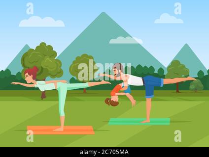 Parents with girl kid does yoga various exercises. Family yoga vector illustration Stock Vector