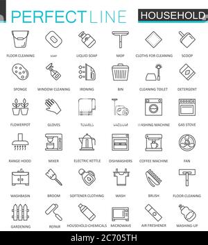 Household appliances thin line web icons set. Outline stroke icon design Stock Vector