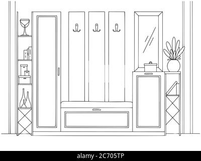 Sketch interior. Hallway furniture, various decorations and other elements. Vector illustration in sketch style. Stock Vector