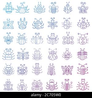 Thin line insects icons set. Color outline Butterfly, bugs collection Stock Vector