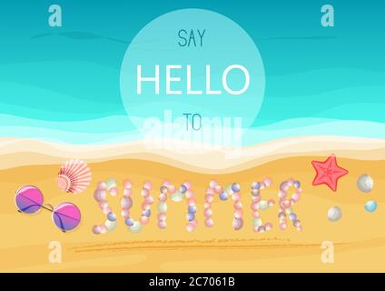 Say hello to summer text on sandy seashells shore. Vector illustration. Summer poster Stock Vector