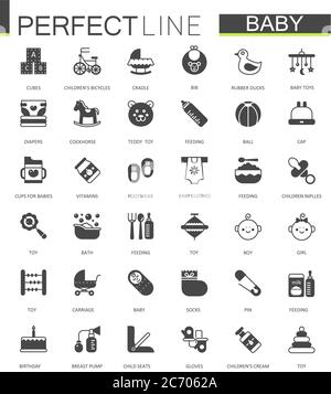 Black classic web icons set. Baby toys, feeding and baby care Stock Vector