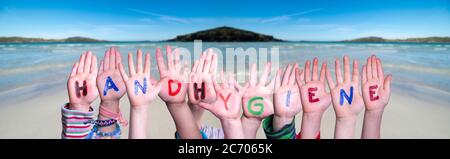 Kids Hands Holding Word Handhygiene Means Hand Hygiene, Ocean Background