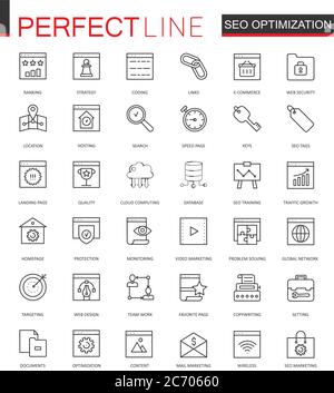 Set of Vector SEO Search Engine Optimization thin line web icons set. Outline stroke icon design Stock Vector