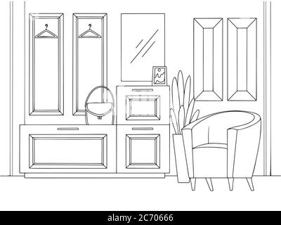 Sketch interior. Hallway furniture, various decorations and other elements. Vector illustration in sketch style. Stock Vector