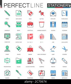 Office stationery. Modern flat line design vector icons Stock Vector