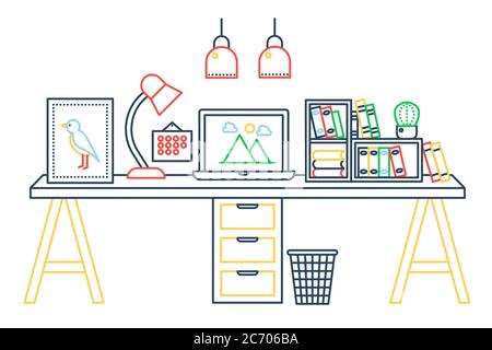 Linear office table with computer workspace and other equipment in office interior illustration. Color thin line web banner template Stock Vector