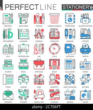 Office stationery - modern flat line concept symbols. Color outline style illustrations set Stock Vector