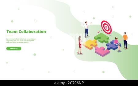 Team collaboration people working together assembling piece puzzle shoot target campaign for web website home homepage landing template banner with Stock Vector