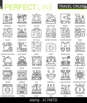 Travel cruise outline concept symbols. Perfect thin line icons. Modern stroke linear style illustrations set Stock Vector