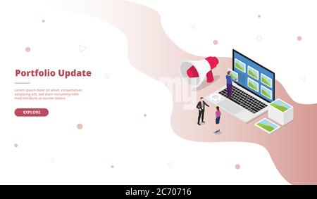 Portfolio update man change image on laptop screen campaign for web website home homepage landing template banner with isometry isometric 3d cartoon Stock Vector