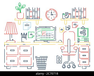 Vector illustration of torn line table with computer. Color outline dash style Stock Vector