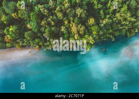 Aerial view coniferous forest and river drone landscape in Norway above trees and blue water scandinavian nature wilderness top down scenery Stock Photo