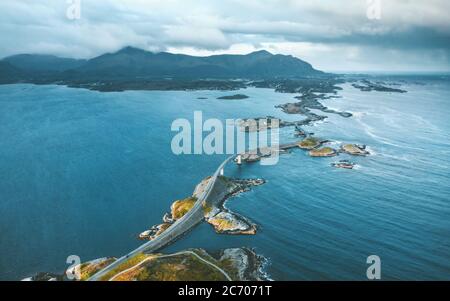 Aerial view Atlantic road in Norway travel drone scenery stormy moody sky nature scandinavian landmarks destinations from above Stock Photo