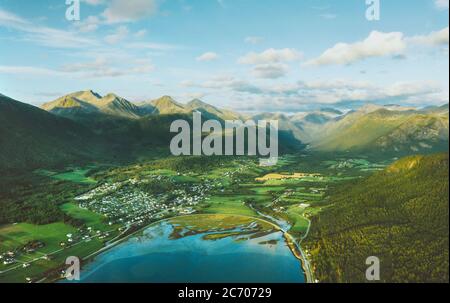 Aerial view mountains valley and city landscape in Norway travel destinations nature Andalsnes Romsdal scenery Stock Photo