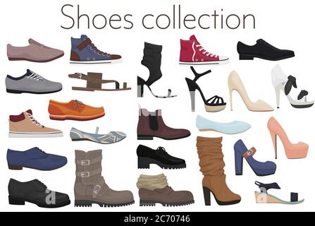 Vector trendy collection of men's and women's shoes fashion footwear Stock Vector