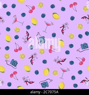 Vector illustration of the cocktail, lemon and berries, heels, and camera seamless pattern on the purple background Stock Vector