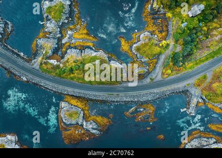 Aerial view Atlantic ocean road in Norway travel roadtrip drone scenery from above beautiful scandinavian landmarks destinations top down Stock Photo