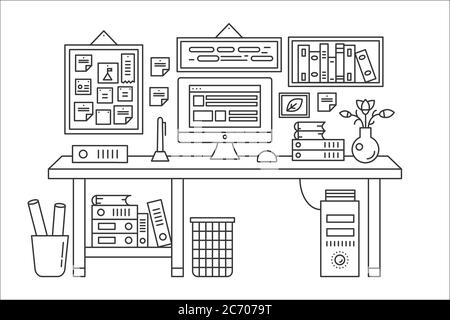 Linear office table with computer workspace and other equipment in office interior illustration. Thin line web banner template Stock Vector