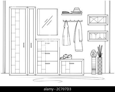 Sketch interior. Hallway furniture, various decorations and other elements. Vector illustration in sketch style. Stock Vector