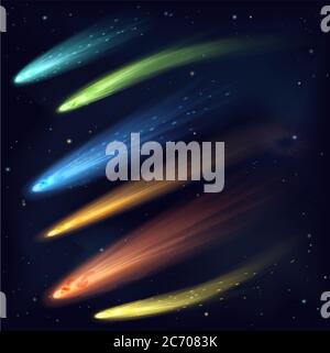 Different meteors, comets and fireballs set in galaxy space Stock Vector
