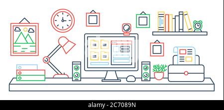 Vector illustration of black line single colored office table with computer. Color outline style Stock Vector