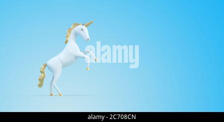 prancing white unicorn on blue background 3D rendering Stock Photo