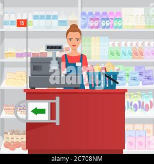 Saleslady woman cashier standing at checkout in supermarket Stock Vector
