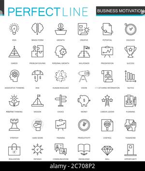 Business motivation thin line web icons set. Brain productivity concentration outline stroke icons design Stock Vector