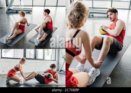 collage of sport couple exercising on fitness mats and holding balls in gym Stock Photo