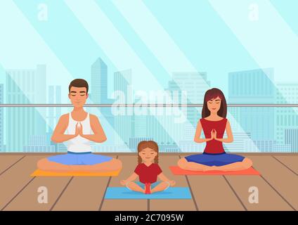 Parents with kid does yoga various exercises. Family yoga vector illustration Stock Vector