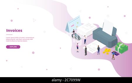 Invoices people stand in front big printer machine campaign for web website home homepage landing template banner with isometry isometric 3d cartoon Stock Vector