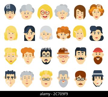 Funny flat avatars icons set. Positive male and female characters. Vector illustration Stock Vector
