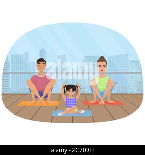 Young white people family meditating in fitness room on the city background Stock Vector