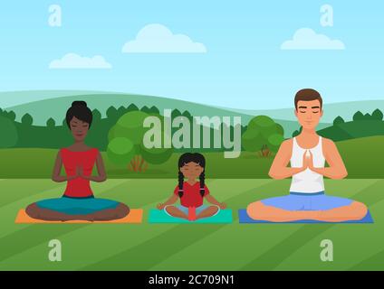 Vector illustration of the multi-ethnic family meditating on the nature Stock Vector